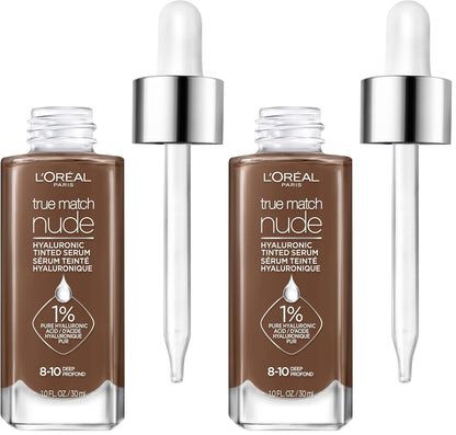 L'Oreal Paris True Match Nude Hyaluronic Tinted Serum Foundation with 1% Hyaluronic acid, Deep 8-10, 1 fl. oz. (Pack of 2)