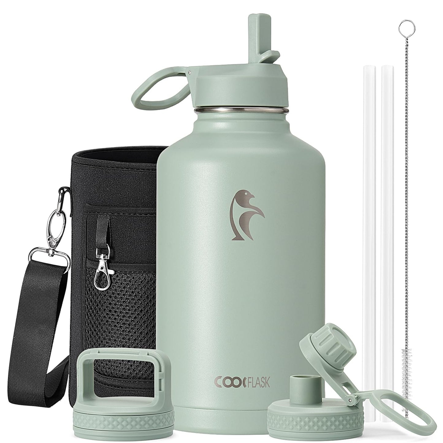 Half Gallon Water Bottle Insulated with Straw & 3 Lids, Coolflask 64 oz Water Jug Large Metal Stainless Steel Wide Mouth for Sports, Gym or Office, Non-BPA Keep Cold 48H Hot 24H, Samurai Cyan
