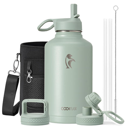 Half Gallon Water Bottle Insulated with Straw & 3 Lids, Coolflask 64 oz Water Jug Large Metal Stainless Steel Wide Mouth for Sports, Gym or Office, Non-BPA Keep Cold 48H Hot 24H, Samurai Cyan