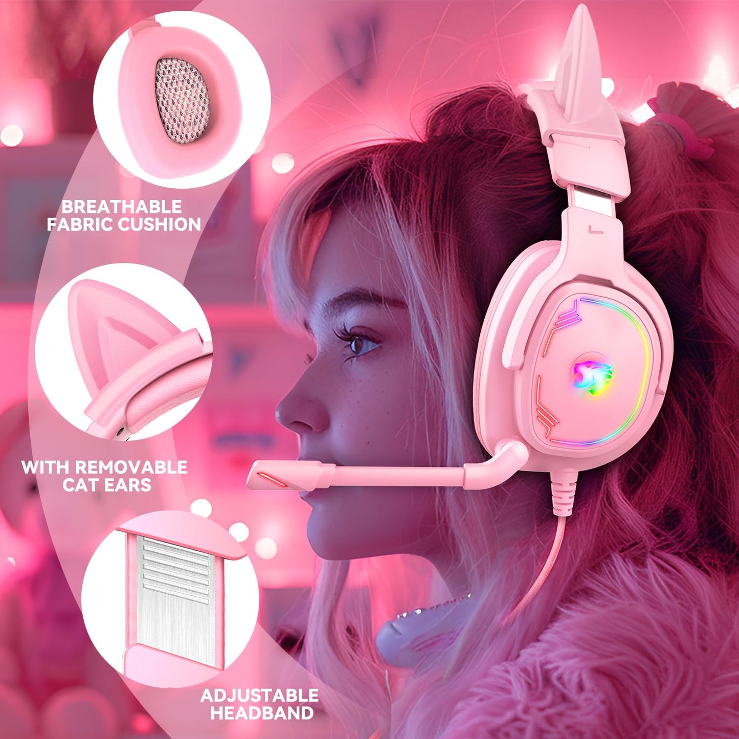 Jimonyer Gaming Headset for PS5 PS4 Xbox Series X|S PC Switch, 7.1 Surround Sound Over Ear Headphones with Noise Canceling Mic, RGB LED Light, Soft Memory Earmuffs Headset for Gaming or Work (Blue)