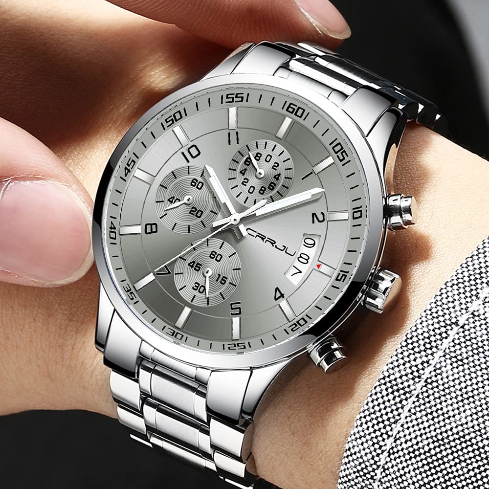 CRRJU Men's Fashion Stainless Steel Watches Date Waterproof Chronograph Wristwatches,Black Steel Band Waterproof Quartz Watch for Men