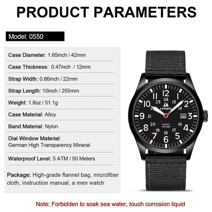 LN LENQIN Mens Watches Unisex Military Sport Nylon Strap Stylish Luminous Fashion Analog Quartz Watch for Men Waterproof Army Tactical Casual Wristwatch