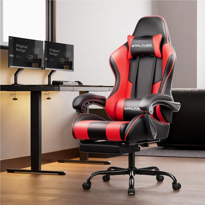 GTPLAYER Gaming Chair, Computer Chair with Footrest and Lumbar Support, Height Adjustable Game Chair with 360°-Swivel Seat and Headrest and for Office or Gaming (Pearl White)