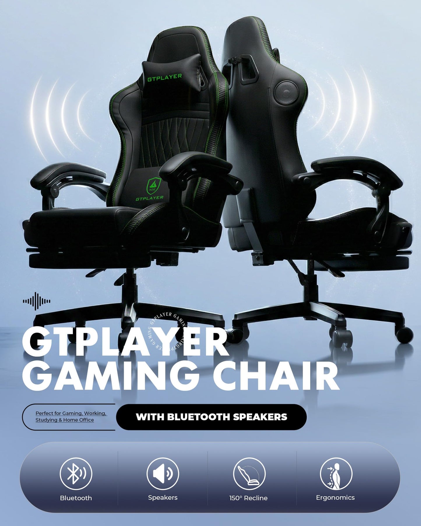GTPLAYER Gaming Chair for Adults, Ergonomic Computer Game Chairs with Speakers, Footrest & Linkage Armrest, Reclining High Back Silla Gamer for Home Office, Ace Pro, Off-White