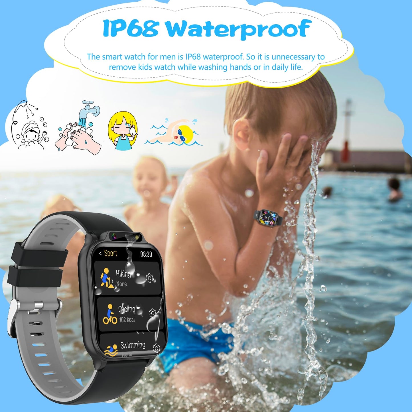 Smart Watch for Kids, 1.85" Fitness Tracker with Heart Rate, Sleep Monitor, IP68 Waterproof Smartwatches with Video Music, Pedometer, Game, NO APP/Phone, Gift for Boys Girls. (Classic, Black)