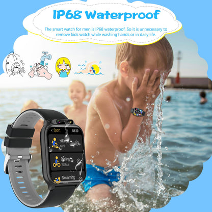Smart Watch for Kids, 1.85" Fitness Tracker with Heart Rate, Sleep Monitor, IP68 Waterproof Smartwatches with Video Music, Pedometer, Game, NO APP/Phone, Gift for Boys Girls. (Classic, Black)