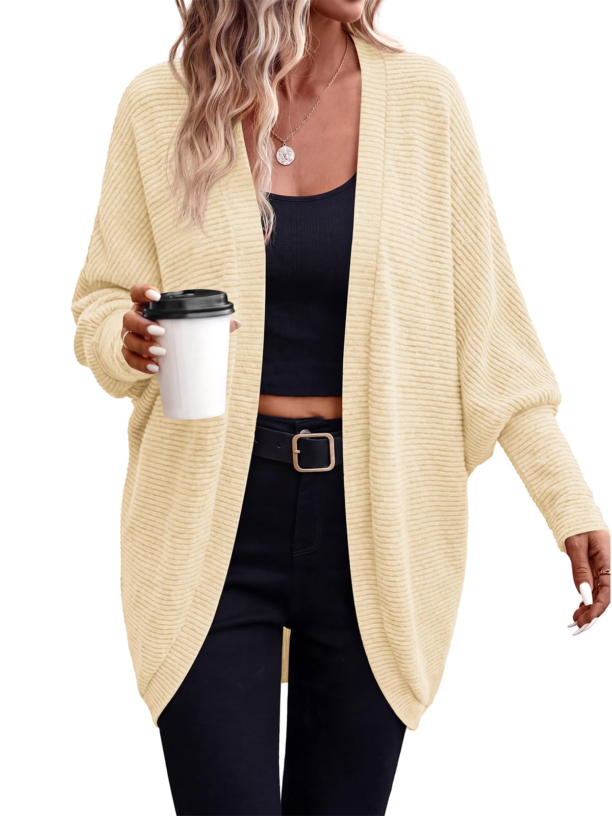 PRETTYGARDEN Batwing Long Sleeve Lightweight Cardigan Sweaters for Women | Casual Open Front Long Cardigans, Loose Fit Soft Ribbed Knit Light Weight Sweater, Fashion Early Fall Clothes, Travel Outfits