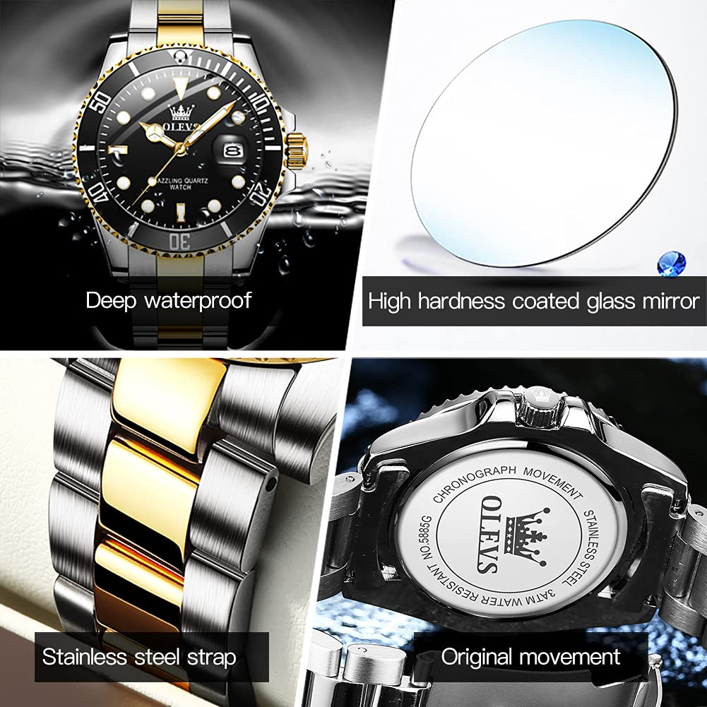 OLEVS Luxury Watches for Men Big Face Stainless Steel Business Dress Analog Quartz Watch with Day Waterproof Luminous Mens Wrist Watch