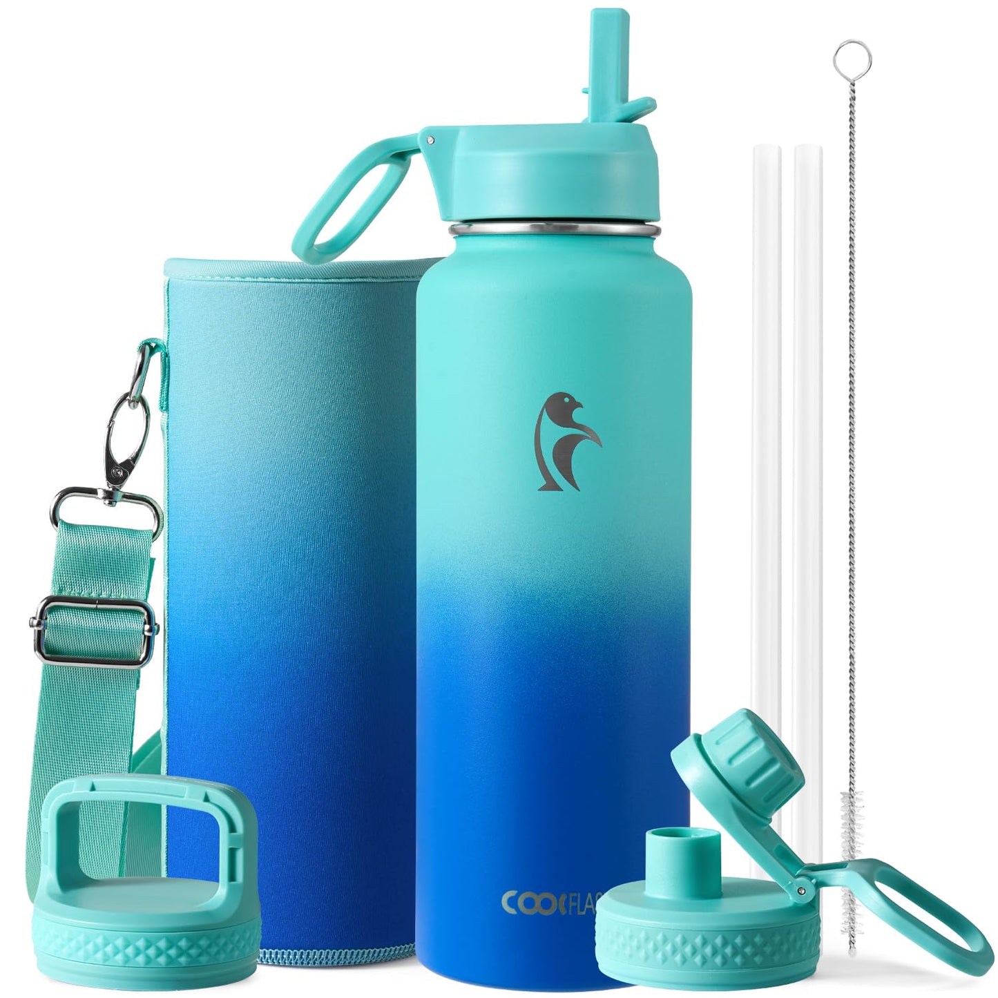 Half Gallon Water Bottle Insulated with Straw & 3 Lids, Coolflask 64 oz Water Jug Large Metal Stainless Steel Wide Mouth for Sports, Gym or Office, Non-BPA Keep Cold 48H Hot 24H, Samurai Cyan