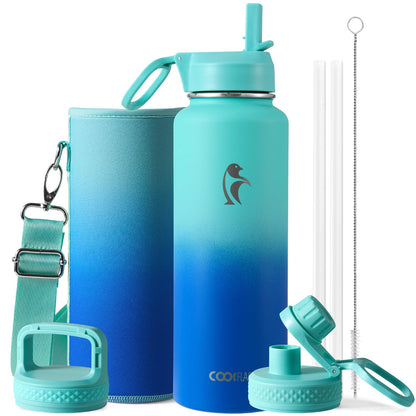 Half Gallon Water Bottle Insulated with Straw & 3 Lids, Coolflask 64 oz Water Jug Large Metal Stainless Steel Wide Mouth for Sports, Gym or Office, Non-BPA Keep Cold 48H Hot 24H, Samurai Cyan