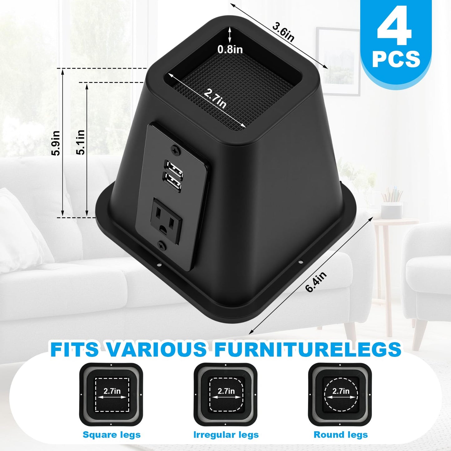 Relaxweex 4 Pack 8 Inches Heavy Duty Bed Risers with Power Outlet and USB - Adjustable Plastic Bed Frame Riser Lifts - Furniture Support Blocks for Sofa College Dorm Twin, Supports 2200 lbs