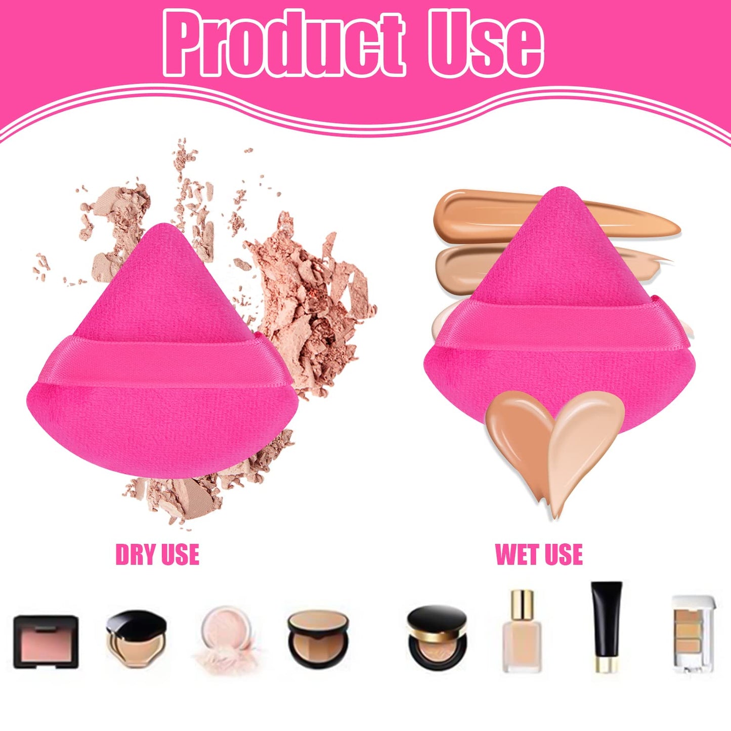 Pimoys 6 Pieces Powder Puff, Face Makeup Sponge Soft Velour Triangle Powder Puffs Beauty Sponge for Loose Powder (Black, Pink)