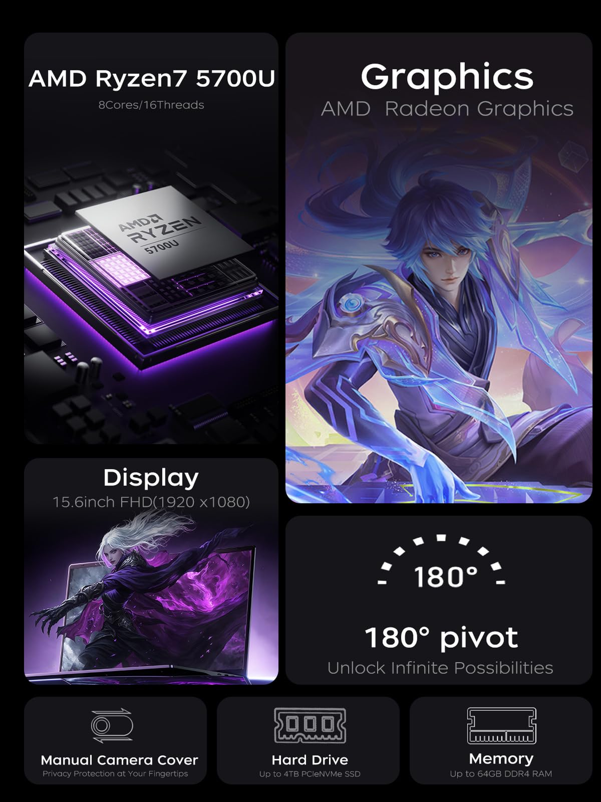 KAIGERR Gaming Laptop, 15.6inch Laptop Computer with AMD Ryzen 7 5700U(8C/16T, Up to 4.3GHz), 16GB RAM 512GB NVMe SSD Windows 11 Laptop, Radeon RX Vega 8 Graphics,WiFi 6, Webcam Cover Slide