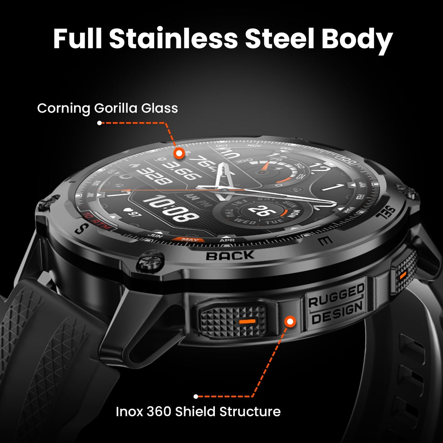 KOSPET Tank T4 Rugged Smart Watch for Men, GPS & Offline Maps, Full Stainless Steel, 10ATM Waterproof 45m Freediving, 180+ Sports Modes, 15-Day Battery, Bluetooth Calls, Heart Rate & Sleep Monitor