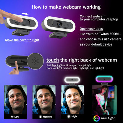 2K Webcam for PC with Microphone/Ring Light,USB C Computer Camera | Webcam with RGB/White Light/Cover,Autofocus,65°FOV, PC Web Camera for Desktop Computer Video Meeting/Gaming Streaming