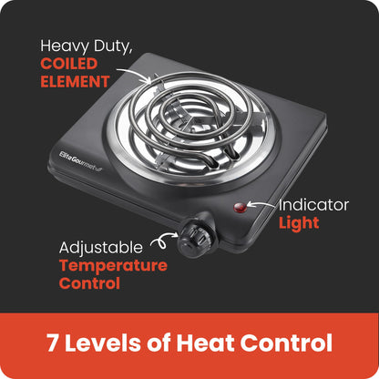 Elite Gourmet EDB-302BF# Countertop Double Cast Iron Burner, 1500 Watts Electric Hot Plate, Temperature Controls, Power Indicator Lights, Easy to Clean, Black