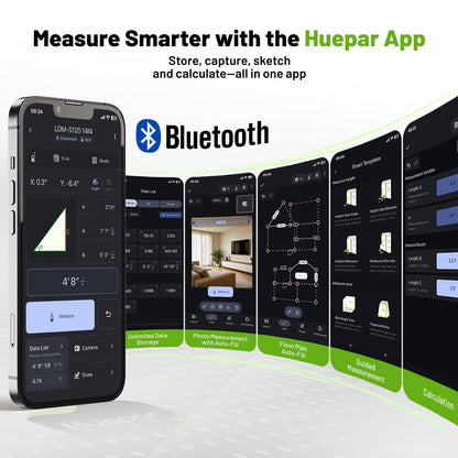 Huepar 395FT Bluetooth Green Laser Measuring Tool S120-G-BT | 1/16in Accuracy, APP Control, Angle Sensor, Carry Bag, Laser Distance Measurement Tool, Digital Laser Room Measuring Device