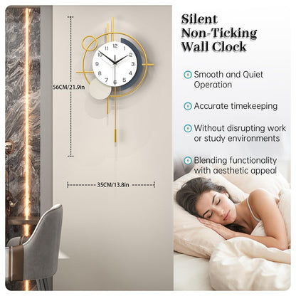 Wall Clock Decorative Large Modern Wall Clock Silent Non-Ticking Battery Operated Gold Unique Pendulum Clock for Living Room,Bedroom,Office,Kitchen,Bathroom,Wall Decor 13.8x21.9in