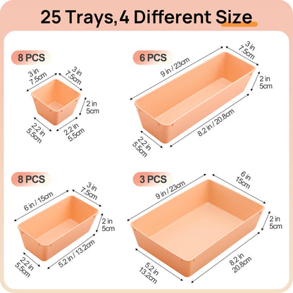 Vtopmart 25 PCS Clear Plastic Drawer Organizers Set, 4-Size Versatile Bathroom and Vanity Drawer Organizer Trays, Storage Bins for Makeup, Bedroom, Kitchen Gadgets Utensils and Office