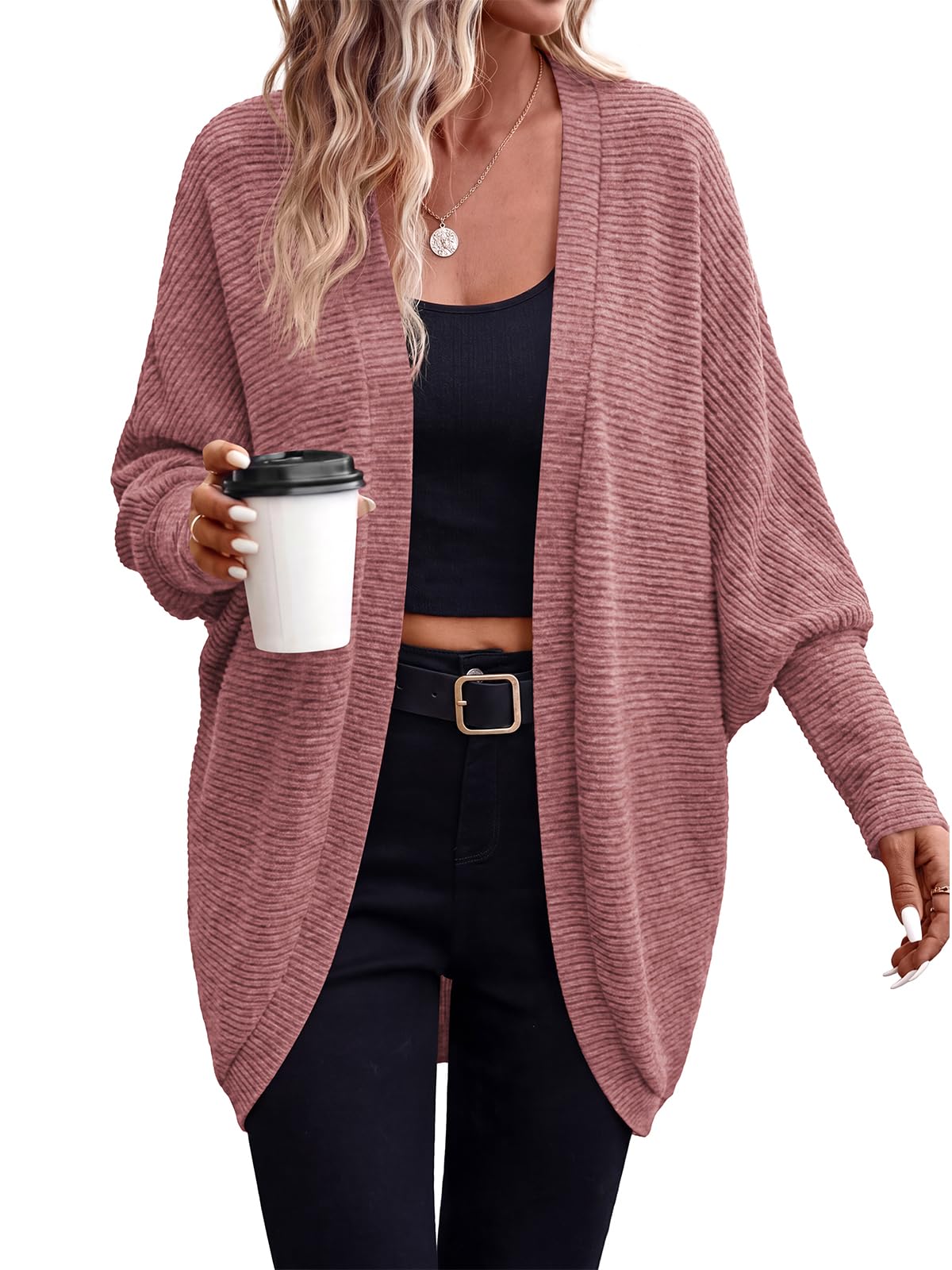 PRETTYGARDEN Batwing Long Sleeve Lightweight Cardigan Sweaters for Women | Casual Open Front Long Cardigans, Loose Fit Soft Ribbed Knit Light Weight Sweater, Fashion Early Fall Clothes, Travel Outfits