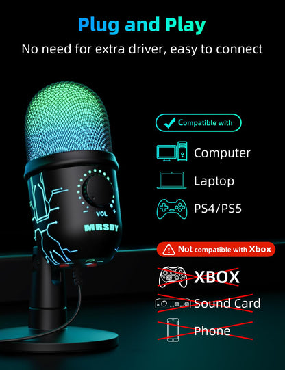 MRSDY USB Gaming Microphone for PC with Noise Reduction, Mute, Gain, RGB | Condenser Mic, Headphone Jack, Suitable for PC, Computer, PS4, PS5, Mac, Streaming, Podcasting, Recording, YouTube, Discord