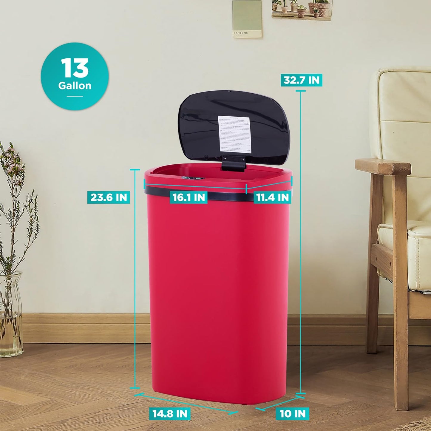 BestOffice | 13 Gallon Trash Can with Lid | Automatic Touchless Garbage Can | Odor Control | Modern Oval Design | Easy to Clean | Stainless Steel | Fits Any Kitchen, Bathroom, Office or Home