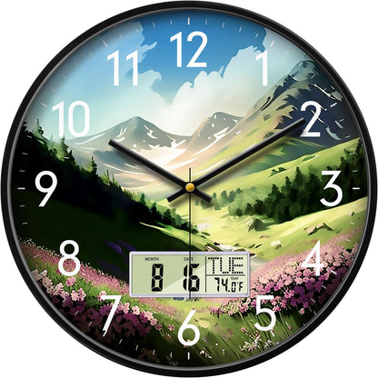 Wilderness Sunset Wall Clock, 12 Inch Silent Non-Ticking Battery Operated Analog Clock with LCD Date Day Temp Display, Decorative for Living Room, Bedroom, Kitchen, Office, Farmhouse, Cabin