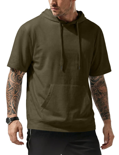 JMIERR Mens Short Sleeve Hoodie Cotton Hooded T-shirts Lightweight Solid Tops with Pocket