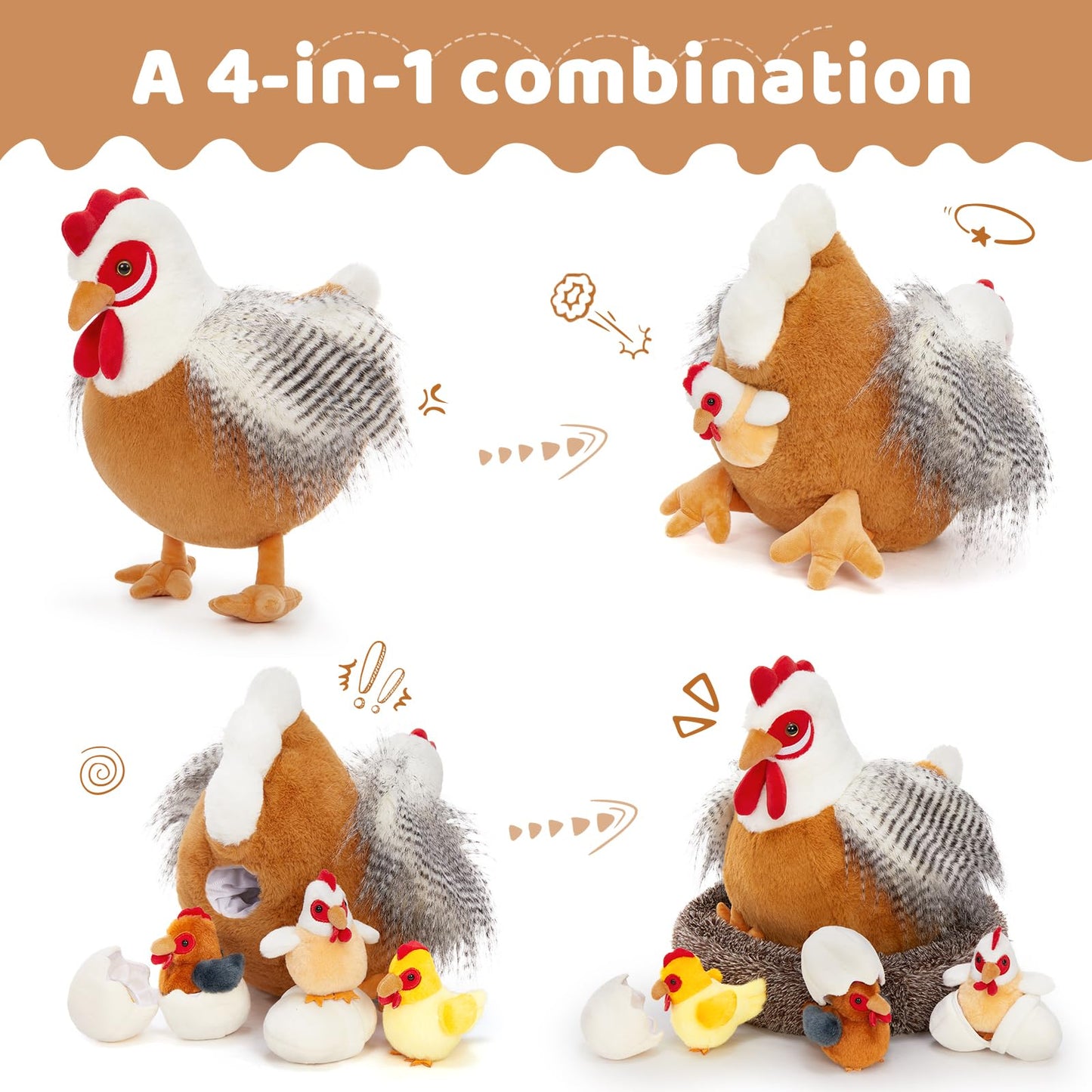 MaoGoLan 8Pcs Chicken Stuffed Animals, Stuffed Hen Plush Toys with Babies Chickens and Eggs, Nest House Plush Set, Cute and Soft Farm Stuffed Animals Gift for Kids
