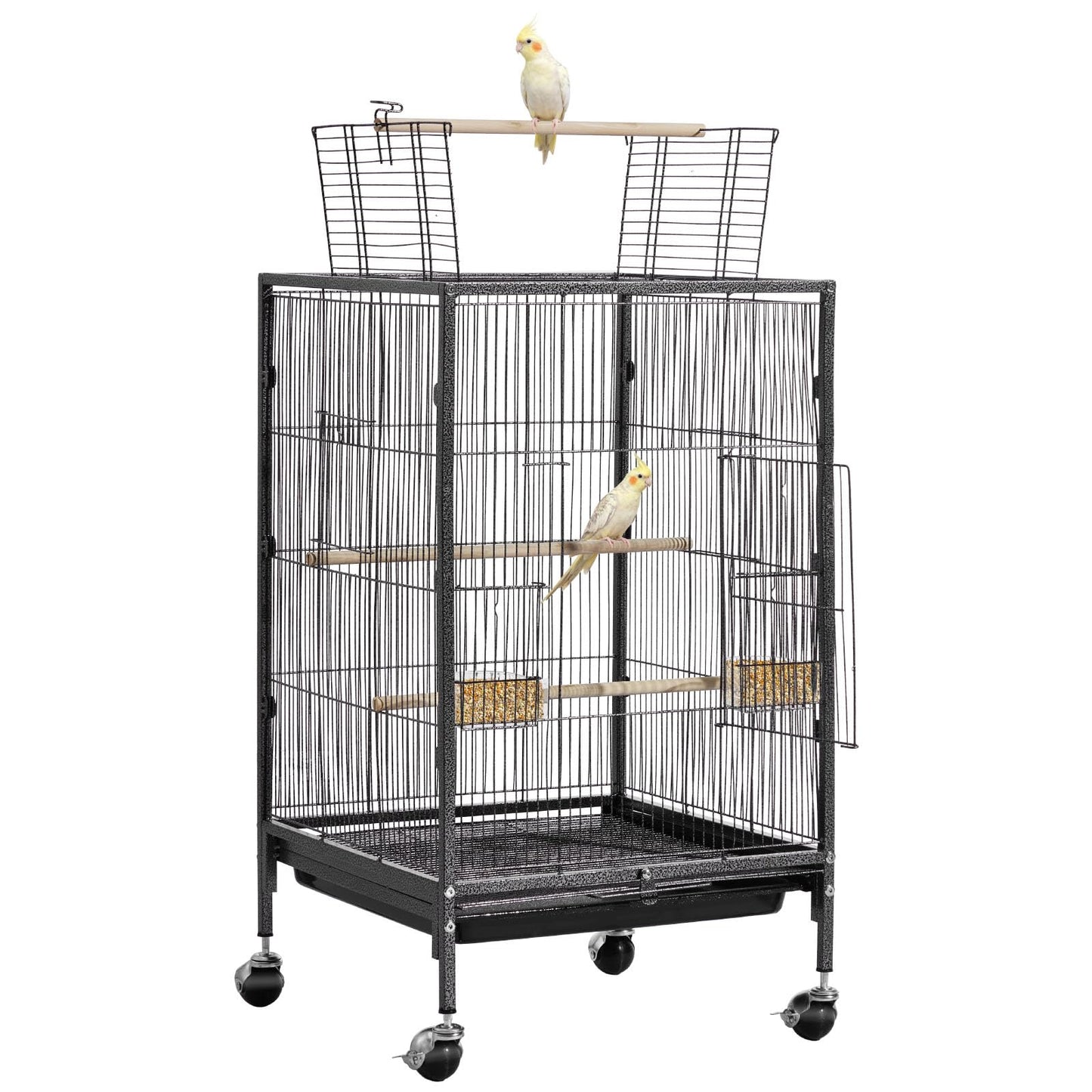 VEVOR Bird Cage, 24.6 x 16.7 x 53.9 inch, Flat Top, Wrought Iron Bird Flight Cage with Perches, Slide-Out Tray and Plastic Feeders, Casters, for Parrot, Blue Tit, Cockatiel, Canary, Budgerigar, Conure