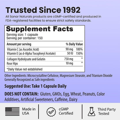 Sanar Naturals Collagen Peptides Pills for Hair, Skin & Nails | Type I & III, Hydrolyzed, Vitamin C, Vitamin E, Rose Hips, Joint Support, 150 Capsules