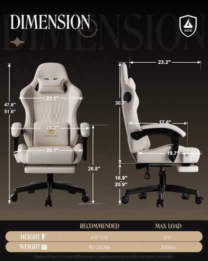 GTPLAYER Gaming Chair for Adults, Ergonomic Computer Game Chairs with Speakers, Footrest & Linkage Armrest, Reclining High Back Silla Gamer for Home Office, Ace Pro, Off-White
