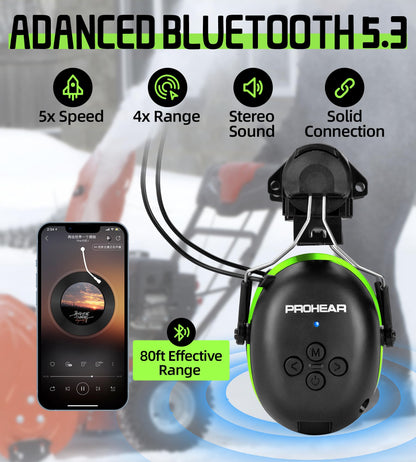 PROHEAR 037 Bluetooth 6.0 Hearing Protection Headphones with Rechargeable 1500mAh Battery, 30dB SNR Safety Noise Reduction Ear Muffs 120H Playtime for Mowing, Workshops, Snowblowing - Black