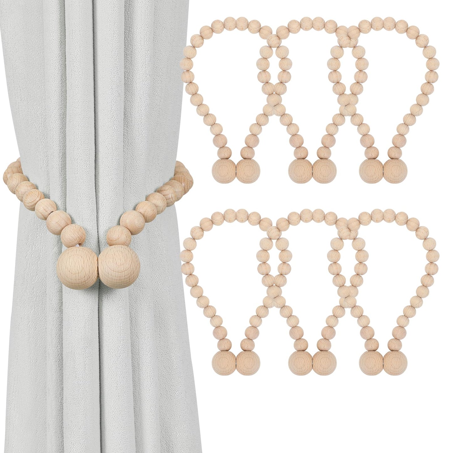 KLOGTSIND Magnetic Curtain Tiebacks, Curtain Holdbacks for Curtains 2 Pack, Wood Bead Curtain Holders for Boho Bedroom Decor, Baby Nursery Decor, Farmhouse Decor