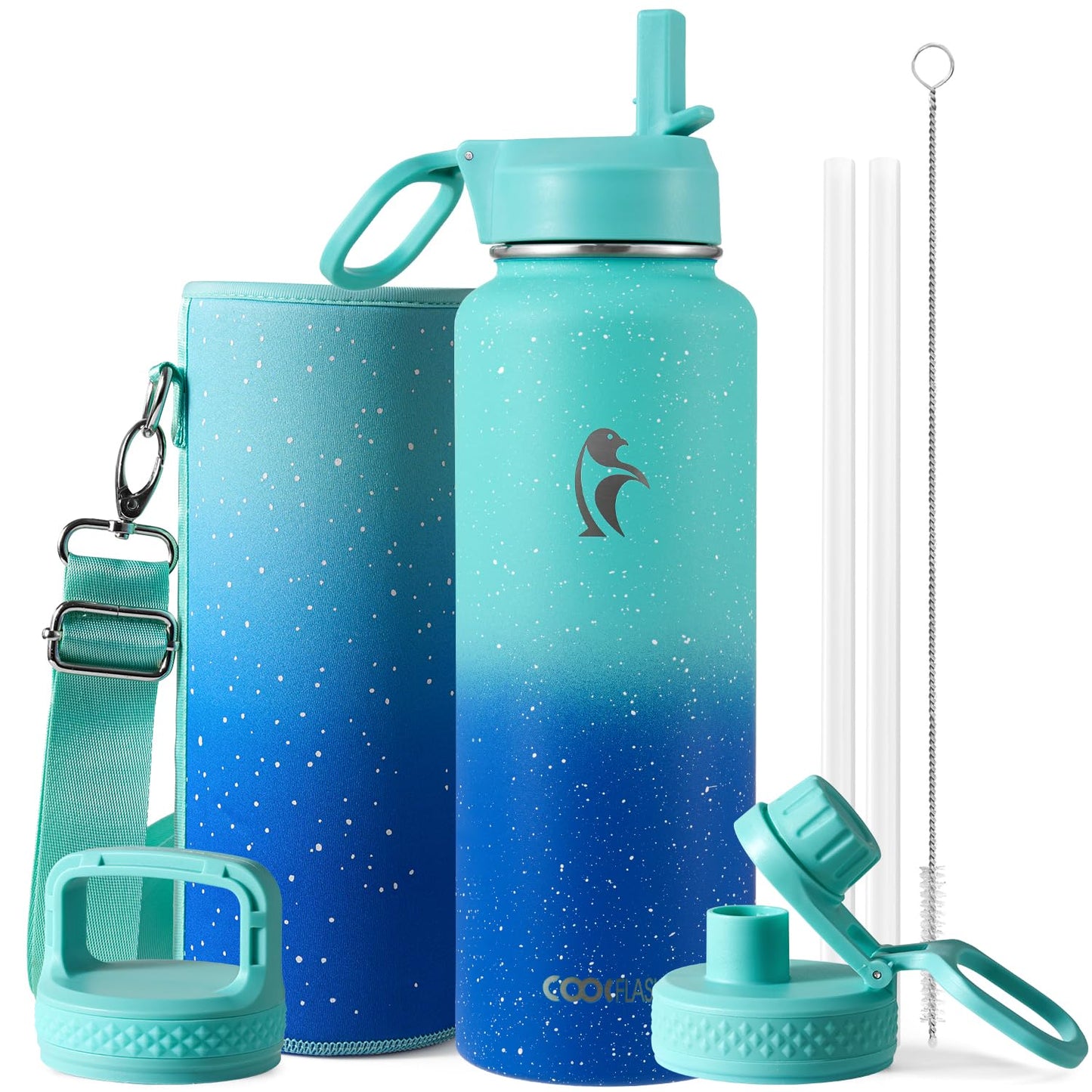 Half Gallon Water Bottle Insulated with Straw & 3 Lids, Coolflask 64 oz Water Jug Large Metal Stainless Steel Wide Mouth for Sports, Gym or Office, Non-BPA Keep Cold 48H Hot 24H, Samurai Cyan