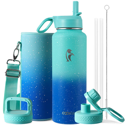 Half Gallon Water Bottle Insulated with Straw & 3 Lids, Coolflask 64 oz Water Jug Large Metal Stainless Steel Wide Mouth for Sports, Gym or Office, Non-BPA Keep Cold 48H Hot 24H, Samurai Cyan