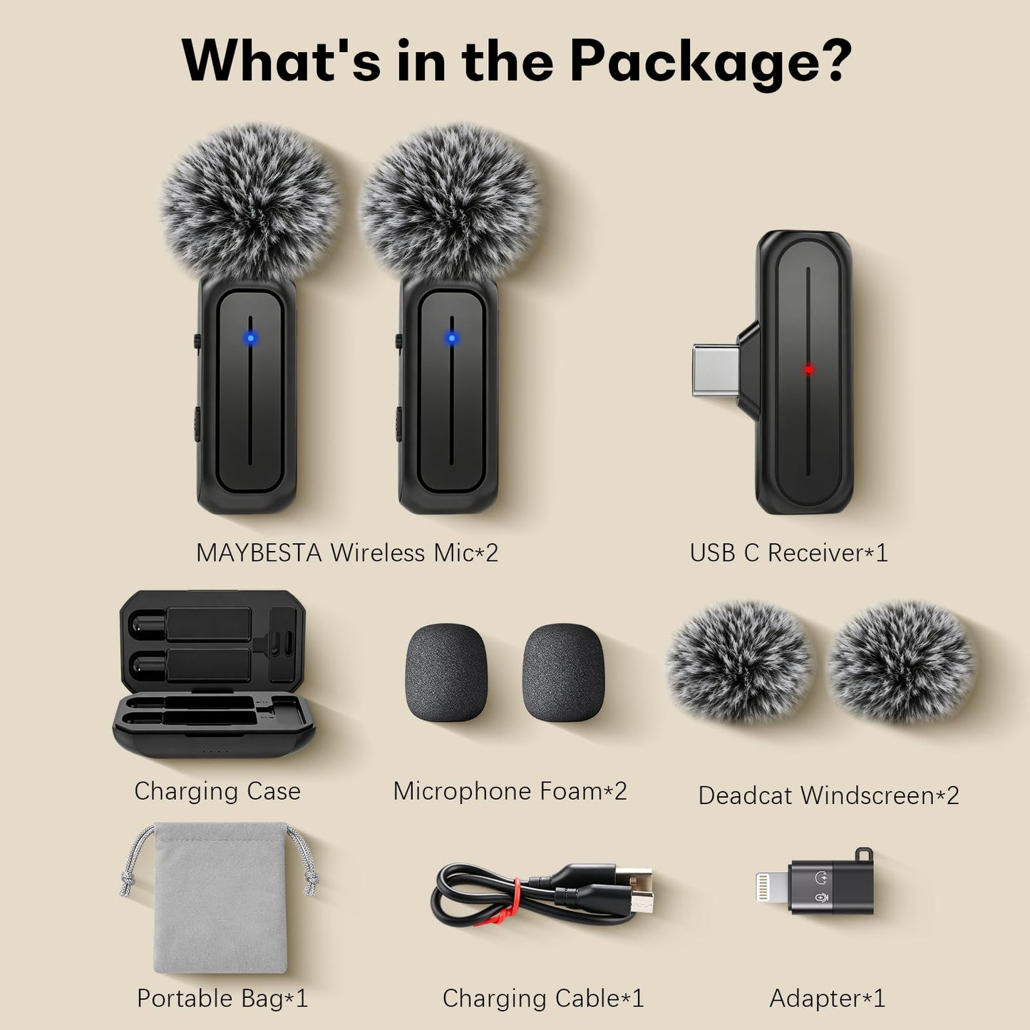 MAYBESTA Wireless Mini Microphone for iPhone, Android Phone - 2 Pack Lavalier Lapel Mic for Audio Video Recording - Clip on Content Creator Microphones for YouTube Tiktok Podcast Vlogging