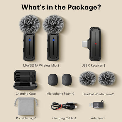 MAYBESTA Wireless Mini Microphone for iPhone, Android Phone - 2 Pack Lavalier Lapel Mic for Audio Video Recording - Clip on Content Creator Microphones for YouTube Tiktok Podcast Vlogging