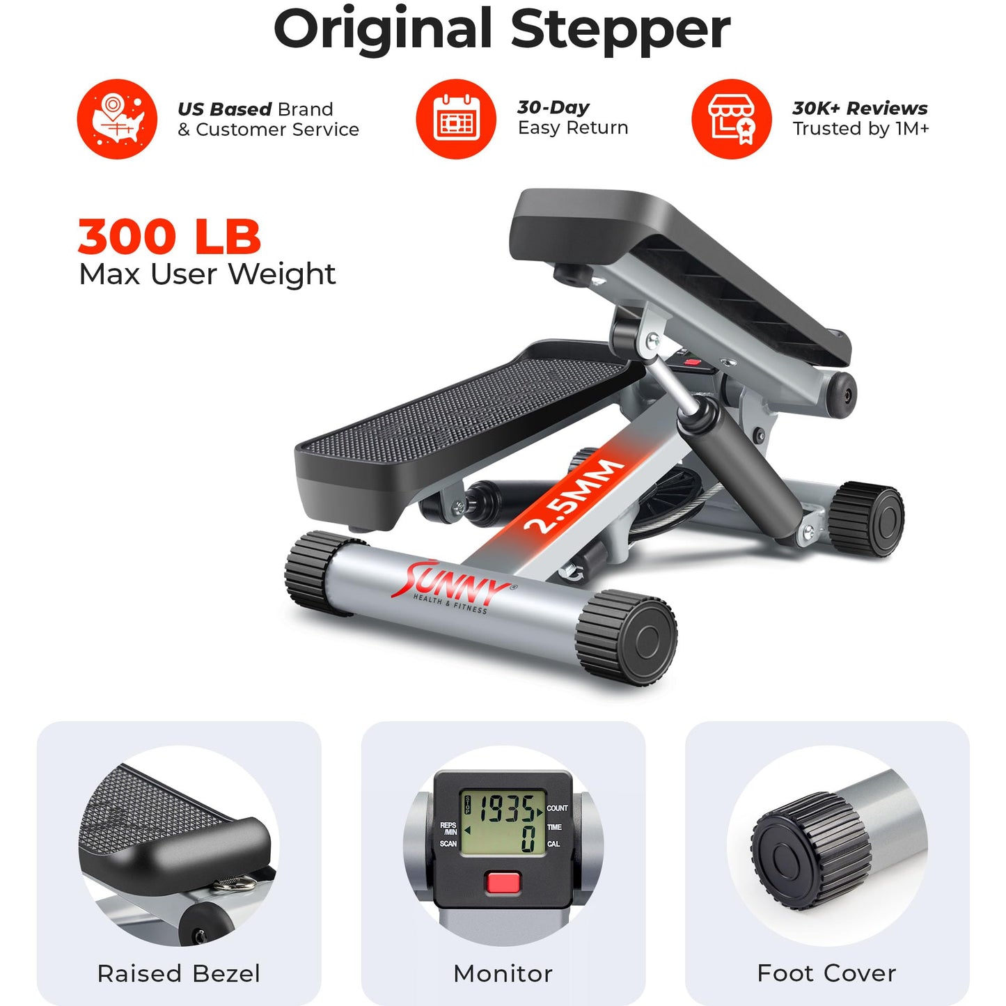 Sunny Health & Fitness Mini Steppers for Exercise at Home, Stair Step Workout Machine with Resistance Bands, Full Body Cardio Equipment, Optional Free SunnyFit App Connection Smart Stepper