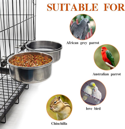 PINVNBY Parrot Feeding Cups Birds Food Dish Stainless Steel Parrot Feeders Water Cage Bowls with Clamp Holder for Cockatiel Conure Budgies Parakeet Parrot Macaw Small Animal Chinchilla Pack of 2