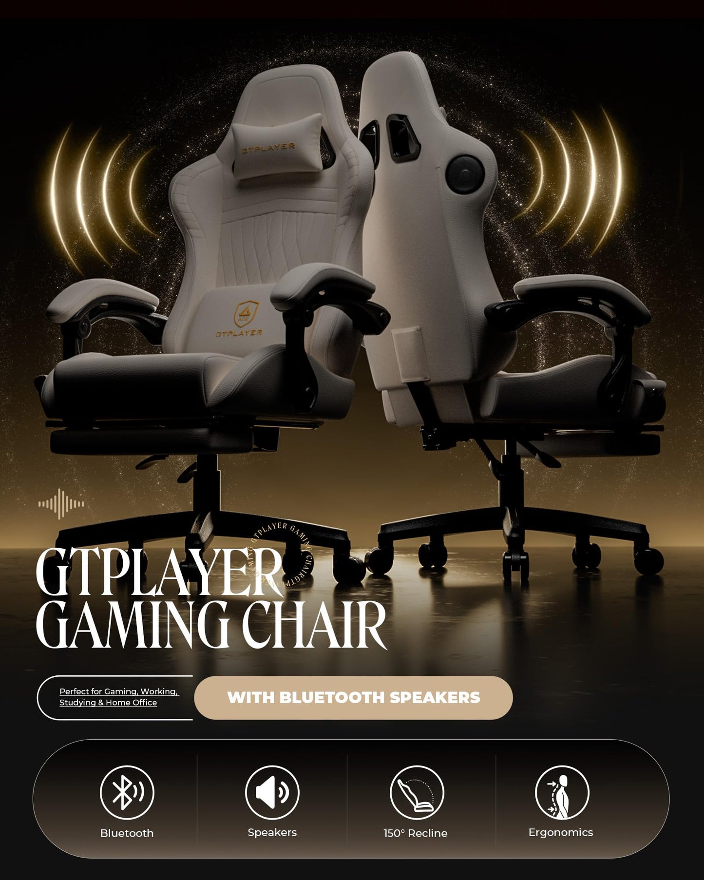 GTPLAYER Gaming Chair for Adults, Ergonomic Computer Game Chairs with Speakers, Footrest & Linkage Armrest, Reclining High Back Silla Gamer for Home Office, Ace Pro, Off-White