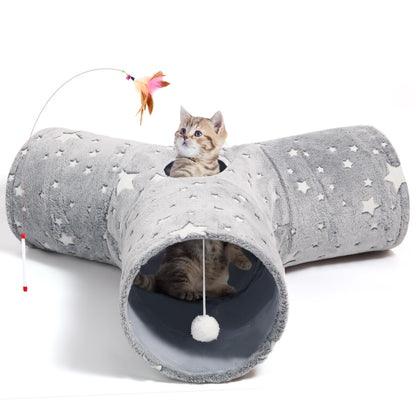 Tempcore Pet Cat Tunnel Tube Toys 3 Way Collapsible, Tunnels for Indoor Cats, Interactive Tube with Teaser Wand, Peek Holes & Hanging Ball, Black & Blue
