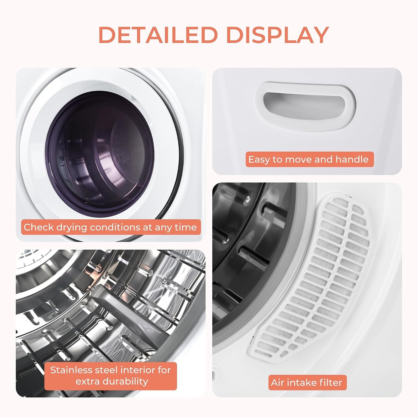 Euhomy 2.65 Cu.Ft Portable Dryer with Exhaust Hose, Clothes Dryer with Four Functions, 1400w Dryer Machine with Stainless Steel Drum, Suitable for Apartments, RVs, Gym