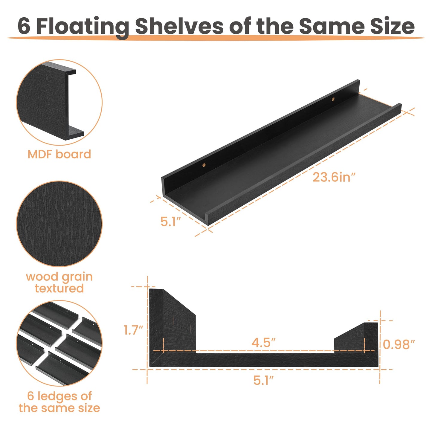 upsimples Floating Shelves for Wall, Wall Shelves for Decor Storage Set of 6, Wall Mounted Wood Shelf for Bedroom, Living Room, Bathroom, Kitchen, Picture Ledge Shelf, Black