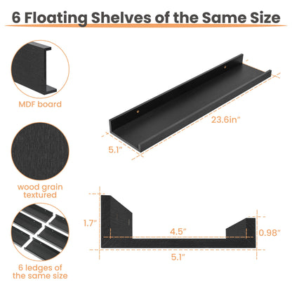 upsimples Floating Shelves for Wall, Wall Shelves for Decor Storage Set of 6, Wall Mounted Wood Shelf for Bedroom, Living Room, Bathroom, Kitchen, Picture Ledge Shelf, Black