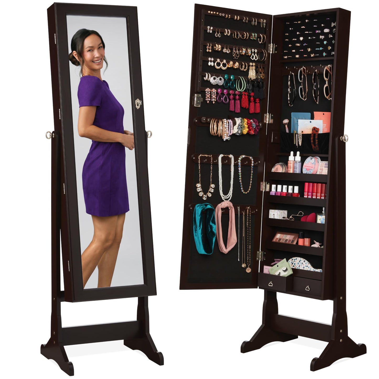 Best Choice Products Freestanding Jewelry Armoire Cabinet, Full Length Standing Mirror, Lockable Makeup Storage Organizer, w/Velvet Lining, 3 Angles, Lock, Accessory Pouch, 5 Shelves - White