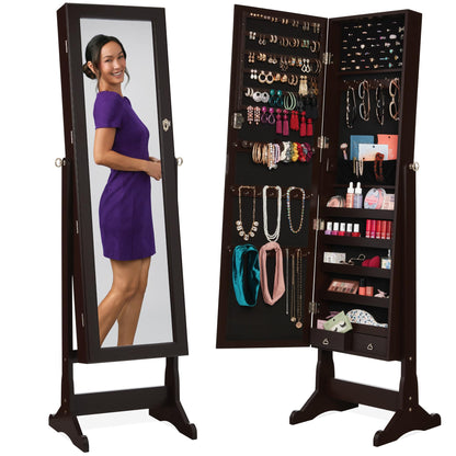 Best Choice Products Freestanding Jewelry Armoire Cabinet, Full Length Standing Mirror, Lockable Makeup Storage Organizer, w/Velvet Lining, 3 Angles, Lock, Accessory Pouch, 5 Shelves - White