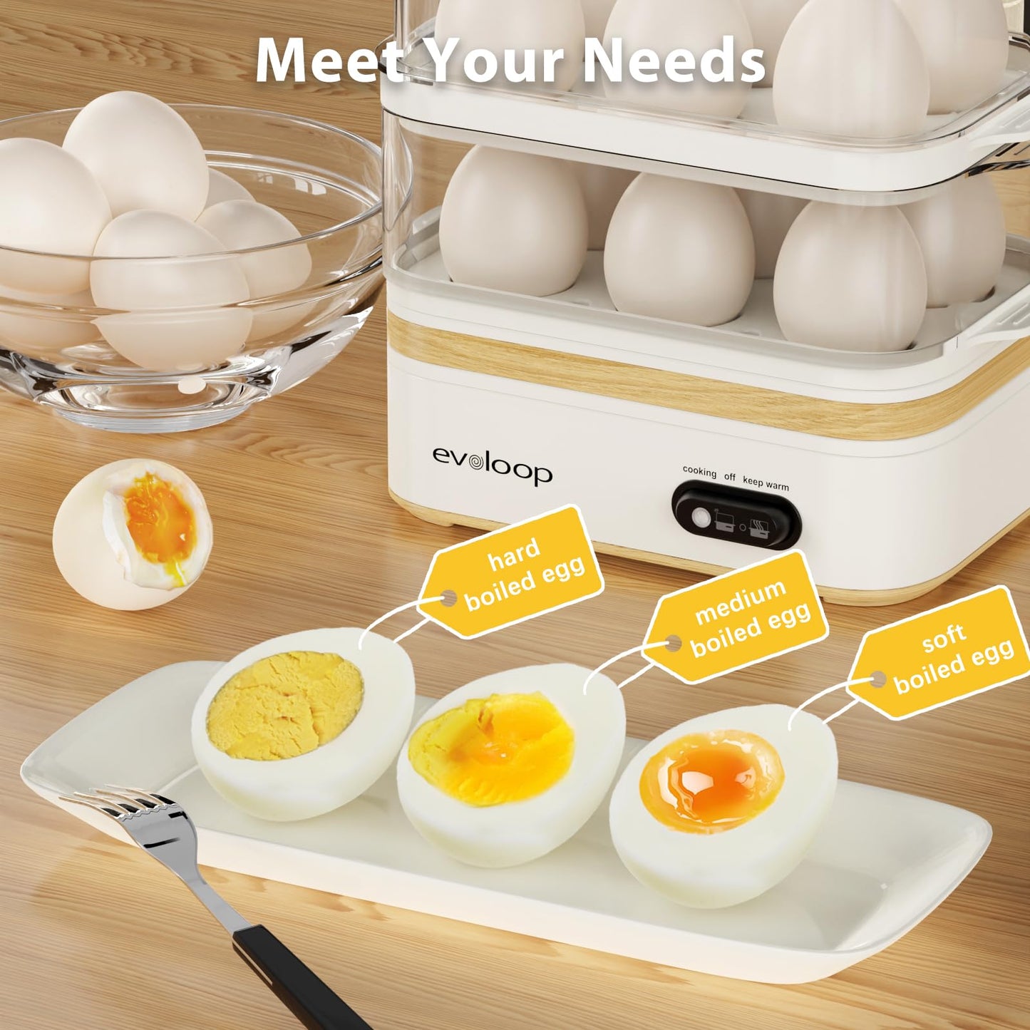 Evoloop Rapid Egg Cooker Electric 12 Eggs Capacity, Soft, Medium, Hard Boiled, Poached, Omelet Maker Egg Poacher & Vegetable Steamer, BPA Free Tray