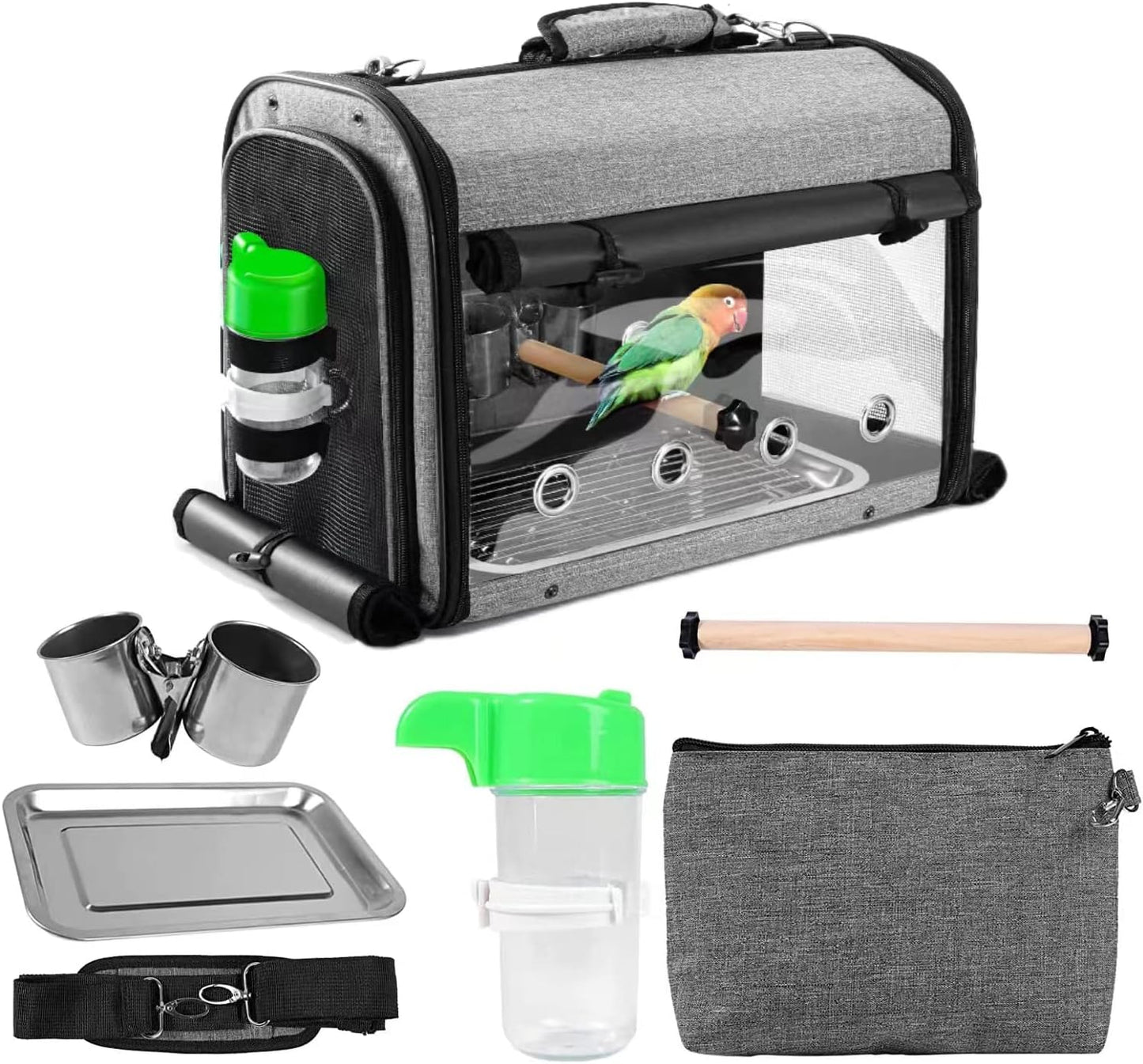 Bird Carrier Bag with Stand, Lightweight Backpack for Parrot, Portable Cockatiel Travel Cage with Accessories, Pet Transparent Breathable Carrier, Gray