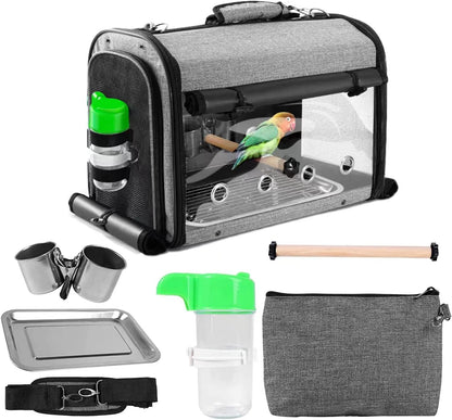 Bird Carrier Bag with Stand, Lightweight Backpack for Parrot, Portable Cockatiel Travel Cage with Accessories, Pet Transparent Breathable Carrier, Gray
